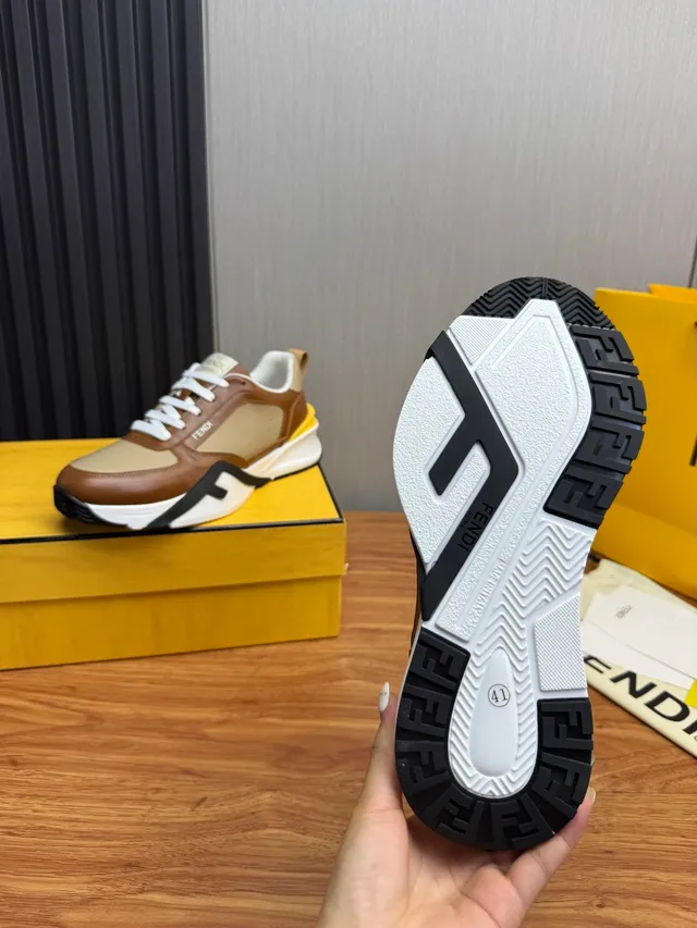 Fendi Brown Beige Sole Multi-Panel Leather Chunky Sneakers 5