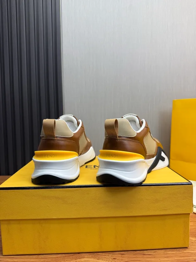Fendi Brown Beige Sole Multi-Panel Leather Chunky Sneakers 6