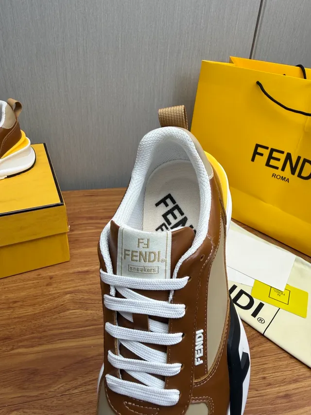 Fendi Brown Beige Sole Multi-Panel Leather Chunky Sneakers 9