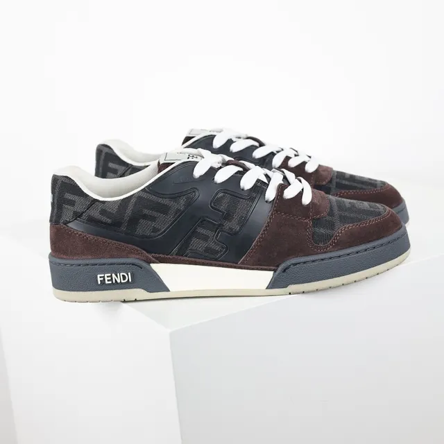 Fendi Marrom Preto Camurça Em Camadas E FF Jacquard Superior Contraste Cordões Brancos Tênis Lifestyle 3
