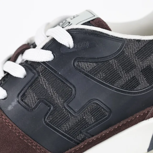 Fendi Marrom Preto Camurça Em Camadas E FF Jacquard Superior Contraste Cordões Brancos Tênis Lifestyle 6