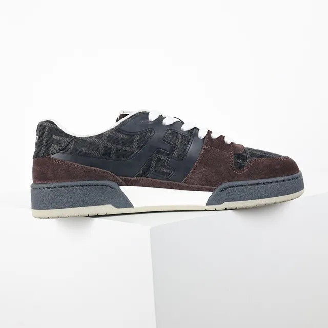 Fendi Marrom Preto Camurça Em Camadas E FF Jacquard Superior Contraste Cordões Brancos Tênis Lifestyle 7