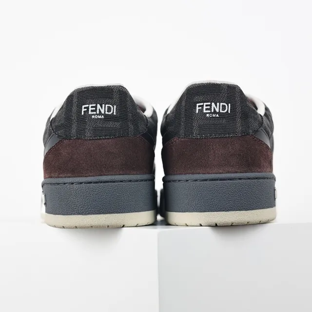 Fendi Marrom Preto Camurça Em Camadas E FF Jacquard Superior Contraste Cordões Brancos Tênis Lifestyle 8