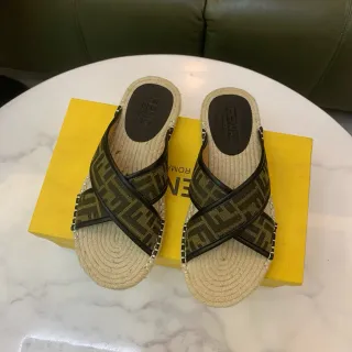 Fendi FF Espadrille Slides Beige Black Crossed-Strap Monogram Canvas Slippers