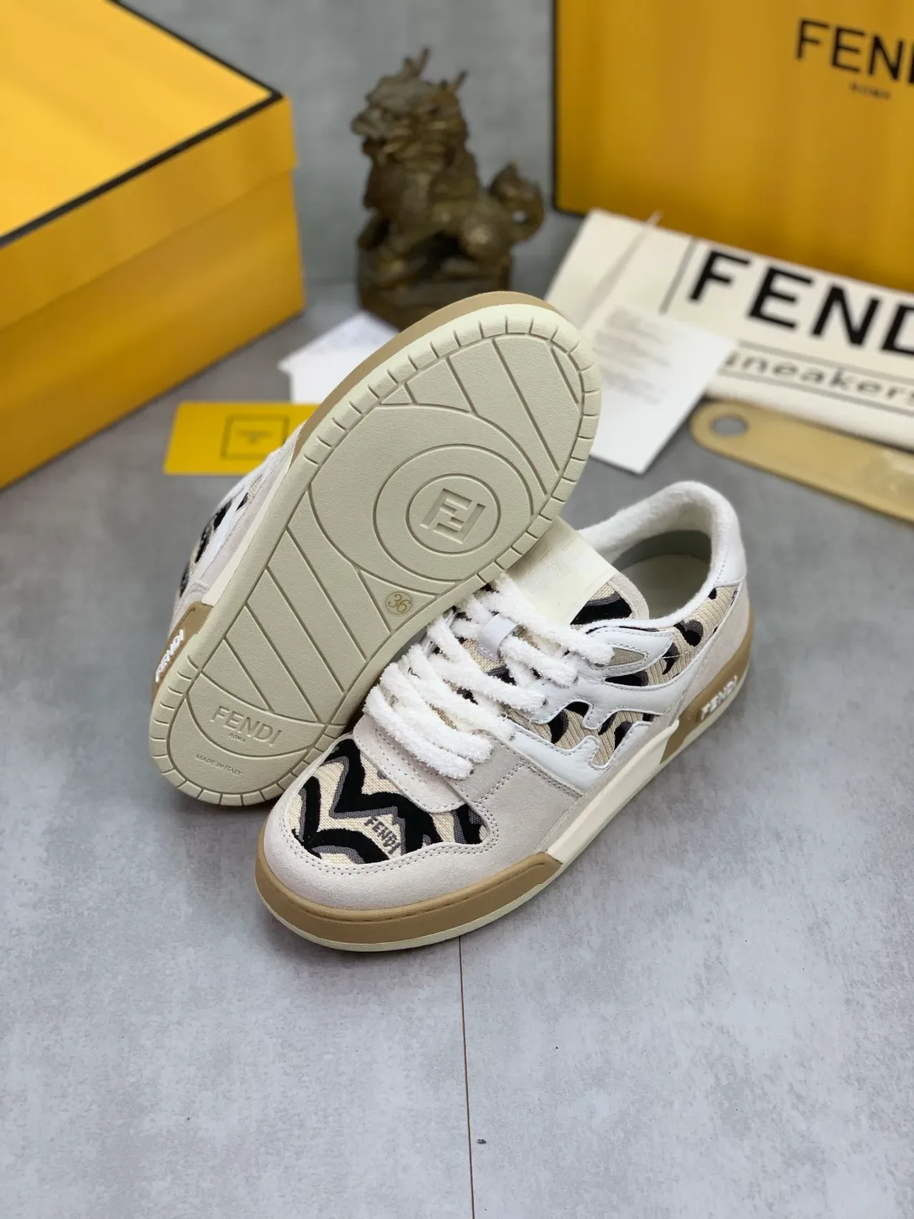 Fendi First Beige Black Low-Top Suede And Jacquard Upper Sneakers 2