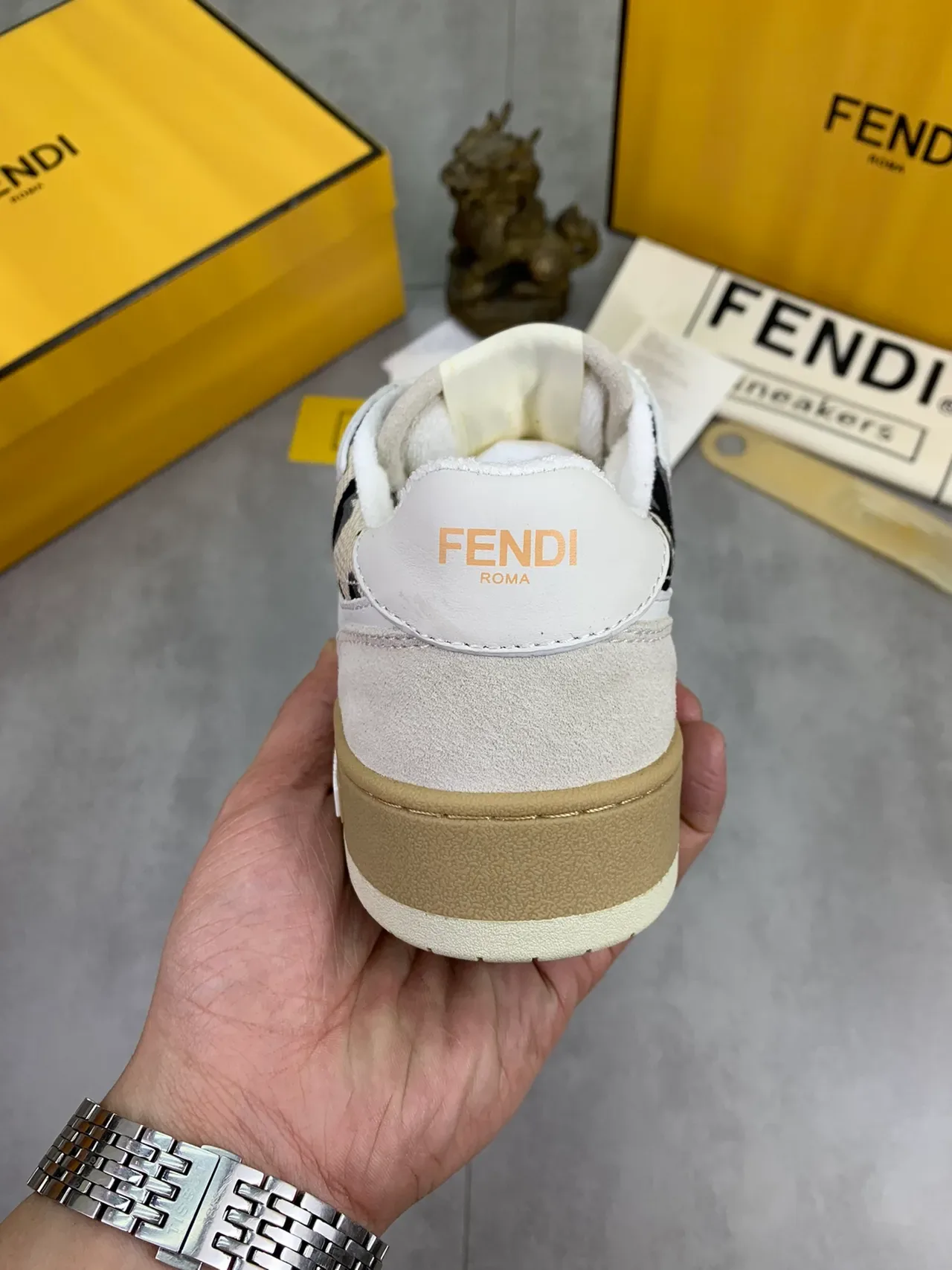 Fendi First Beige Black Low-Top Suede And Jacquard Upper Sneakers 3