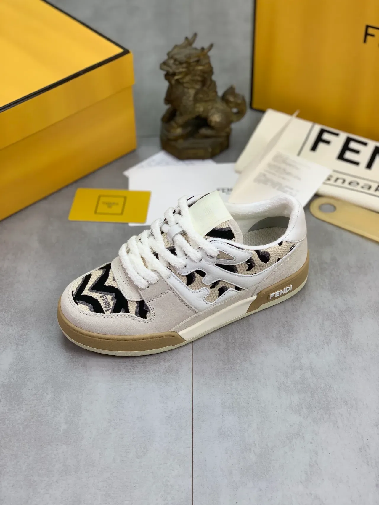 Fendi First Beige Black Low-Top Suede And Jacquard Upper Sneakers 4