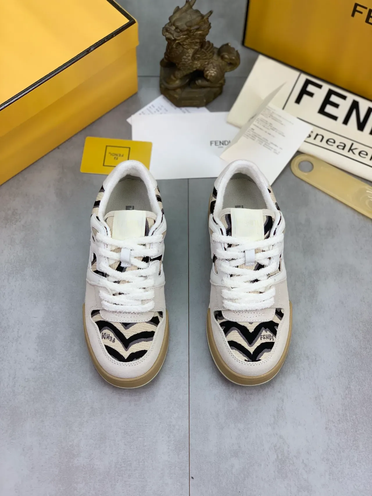 Fendi First Beige Black Low-Top Suede And Jacquard Upper Sneakers 5