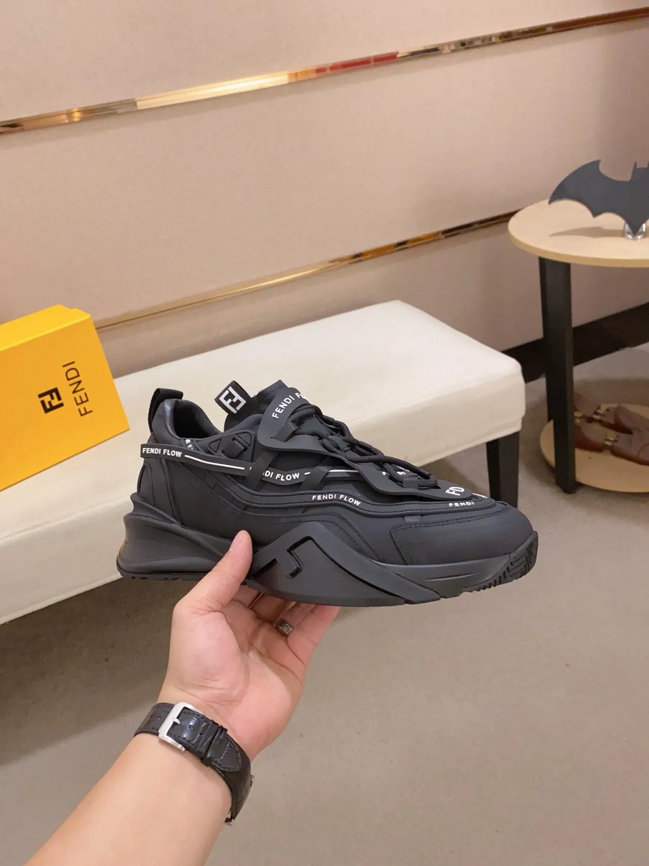 Fendi Flow Black Monochrome Multi-Strap Overlay Chunky Sneakers 5