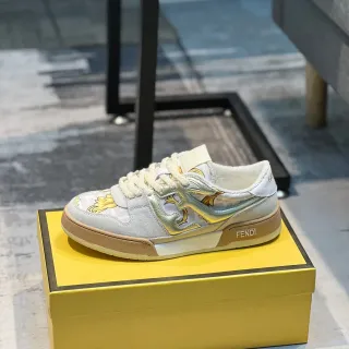 Fendi Gray Gold Layered Mixed-Material Upper FF Monogram Print Lifestyle Sneakers