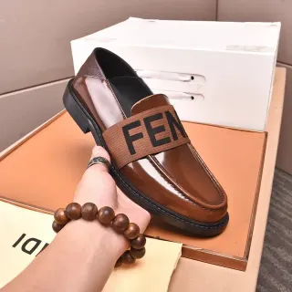 Fendi Logo Strap Loafer Brown Black Polished Leather Elastic Loafer