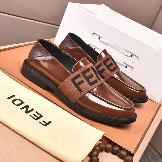 Fendi Logo Strap Loafer Marron Noir Cuir Poli Elastique Loafer 7