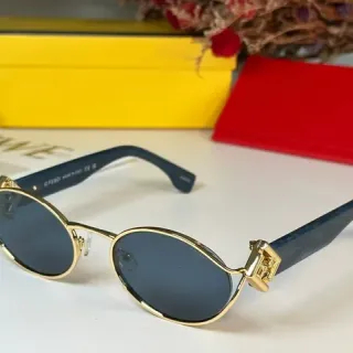 Fendi Oval Gold Frame Navy Acetate Temple Sunglasses