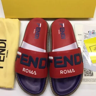 Fendi Roma Red Navy Logo-Print Strap Two-Tone Leather Upper Slippers