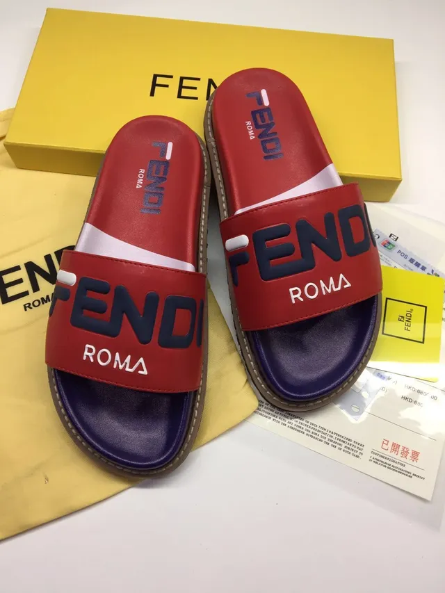 Fendi Roma Rouge Marine Logo-Print Bride Deux Tons Cuir Supérieur Pantoufles 3