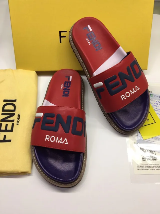 Fendi Roma Rouge Marine Logo-Print Bride Deux Tons Cuir Supérieur Pantoufles 5