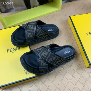 Fendi Slide Black Beige Cross-Strap Monogram Webbing Slippers