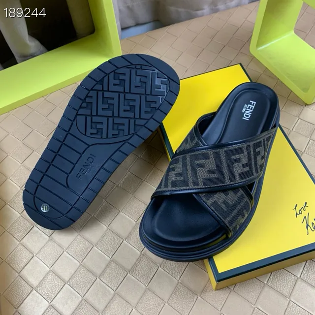 Fendi Slide Black Beige Cross-Strap Monogram Webbing Slippers 2