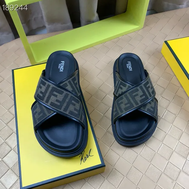 Fendi Slide Black Beige Cross-Strap Monogram Webbing Slippers 3
