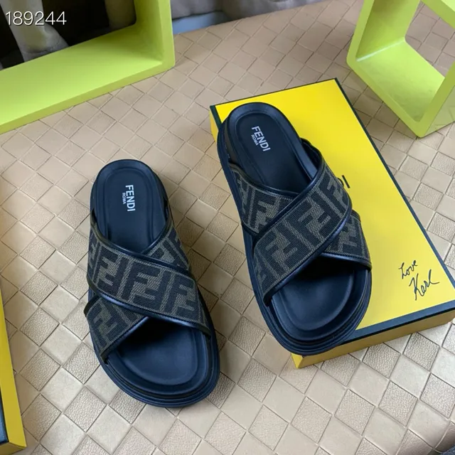Fendi Slide Black Beige Cross-Strap Monogram Webbing Slippers 4