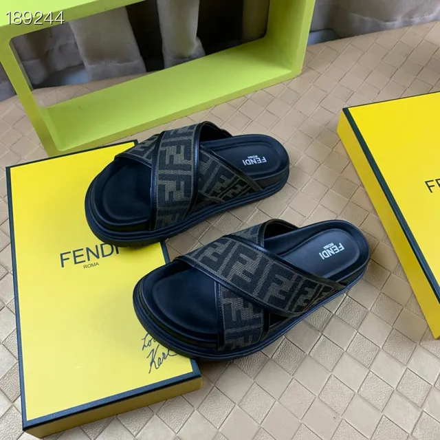 Fendi Slide Black Beige Cross-Strap Monogram Webbing Slippers 5