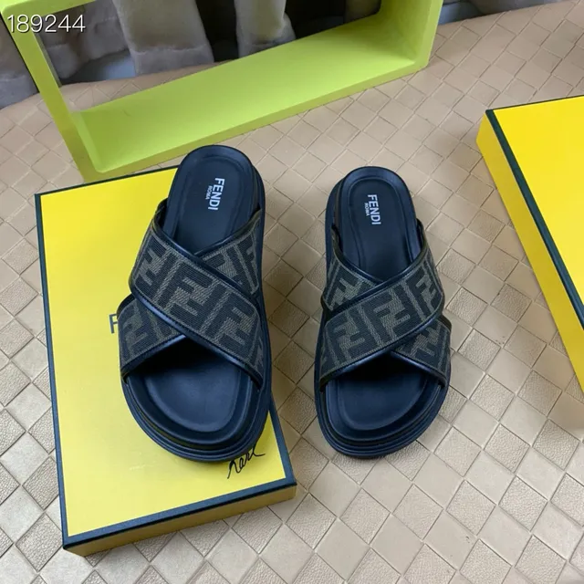 Fendi Slide Black Beige Cross-Strap Monogram Webbing Slippers 6