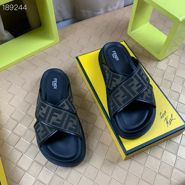 Fendi Slide Black Beige Cross-Strap Monogram Webbing Slippers 7