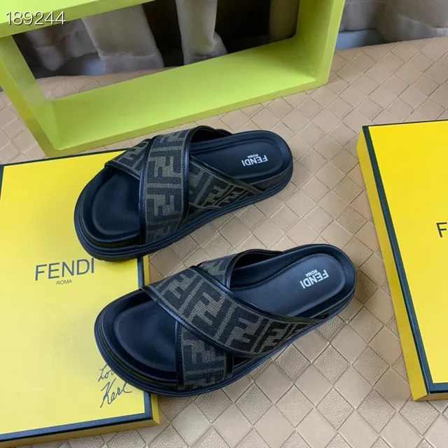 Fendi Slide Black Beige Cross-Strap Monogram Webbing Slippers 8