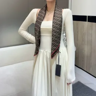Fendi Zucca Beige Red Ribbed Knit Bodice Flowing A-Line Skirt Casual Dress