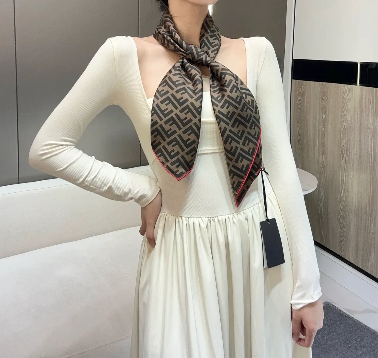 Fendi Zucca Beige Red Ribbed Knit Bodice Flowing A-Line Skirt Casual Dress 8