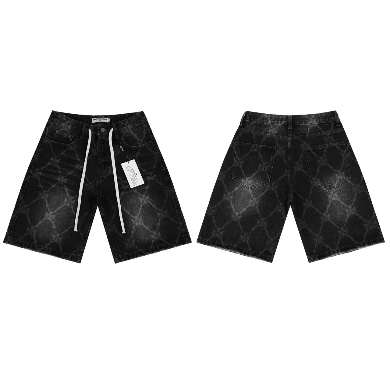 Acid-Wash Grid Pattern Drawstring Waist Denim Shorts 3