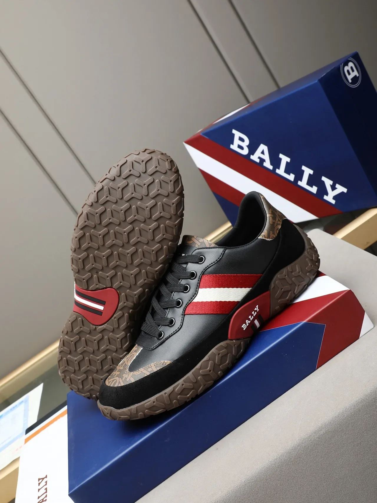 Bally Black Red Mixed-Material Upper Stripe Accent Lifestyle Sneakers 4