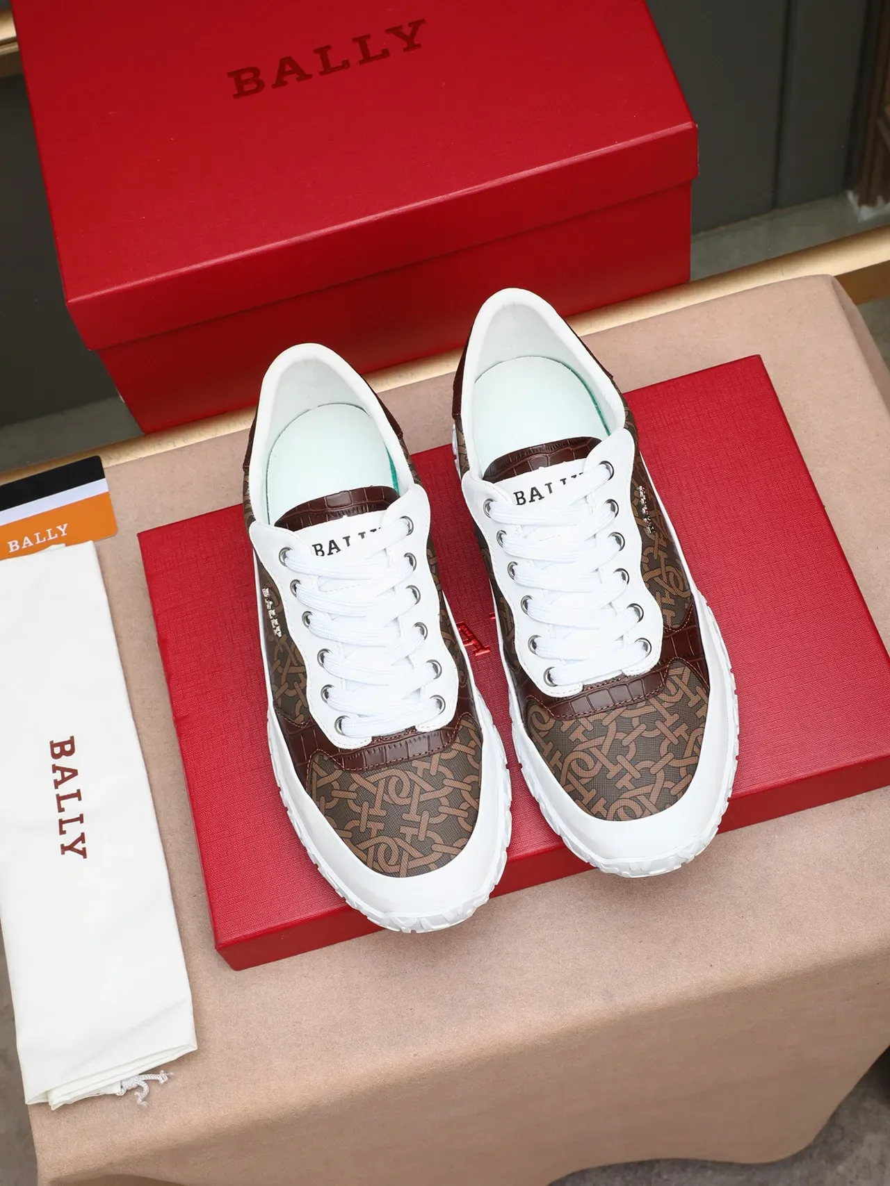 Bally Monogram-Print Brown and White Chunky Sneakers 2