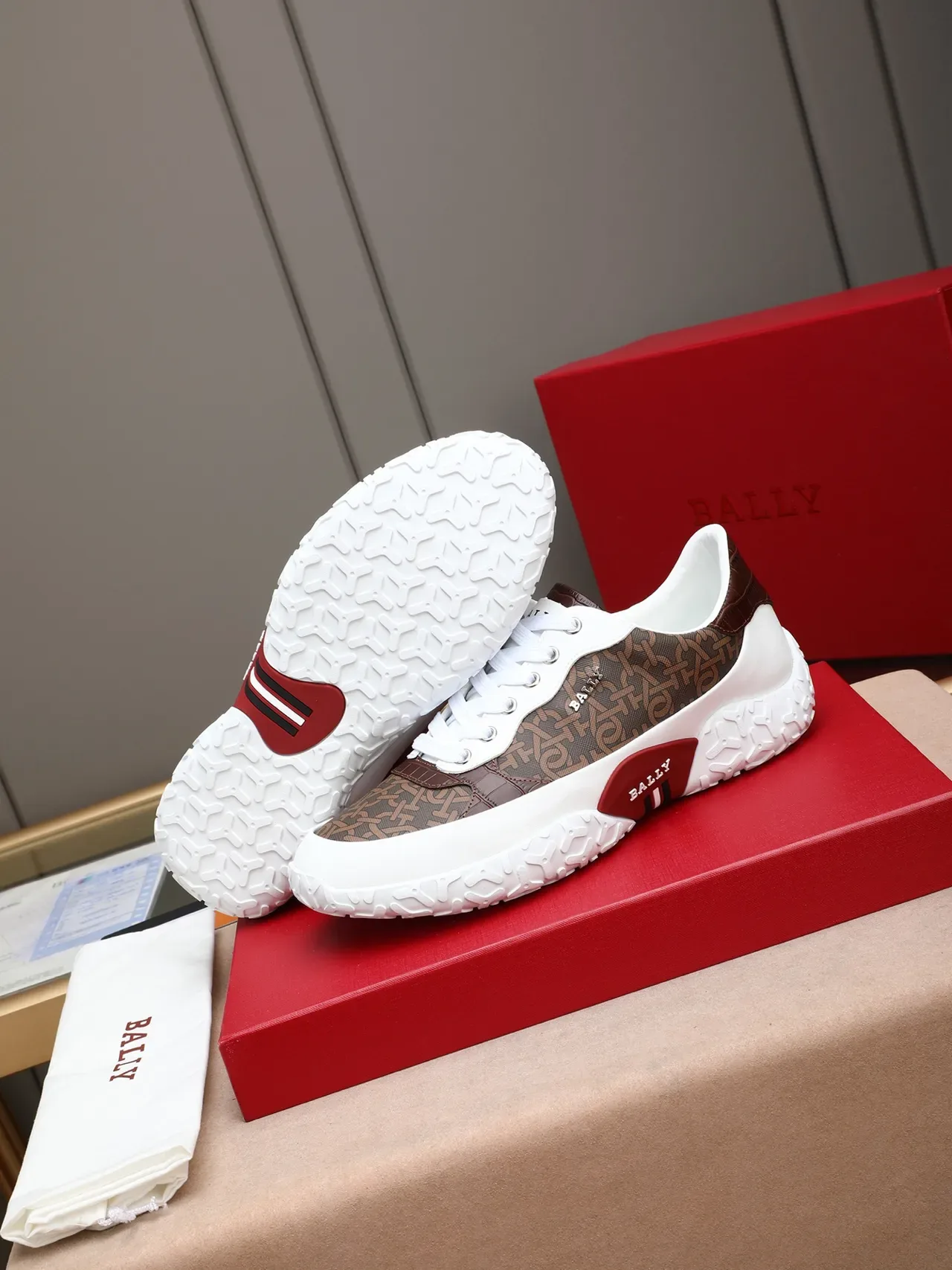 Bally Monogram-Print Brown and White Chunky Sneakers 4