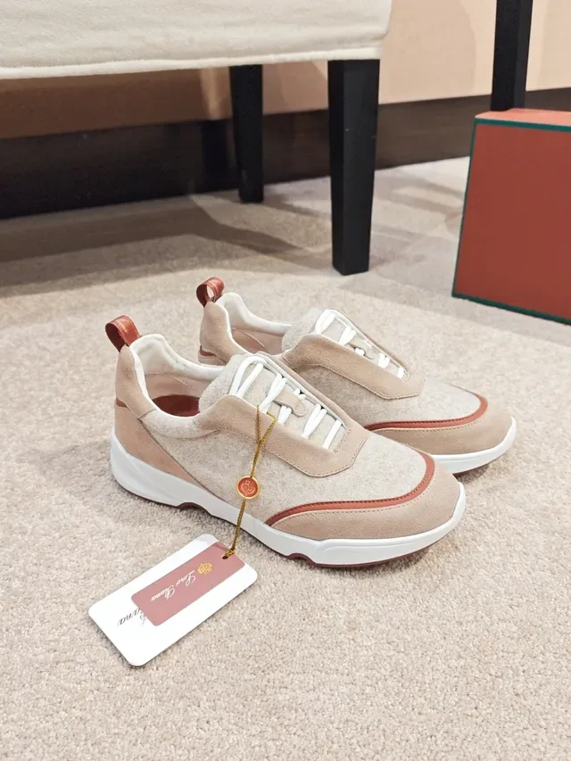 Beige and Red Mixed-Material Lace-Up Sneaker 5