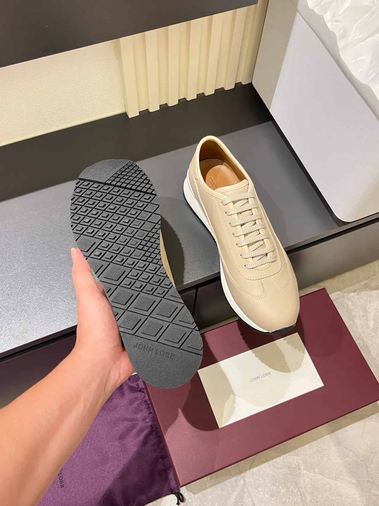 Beige Black Minimalist Leather Upper Sneakers 3