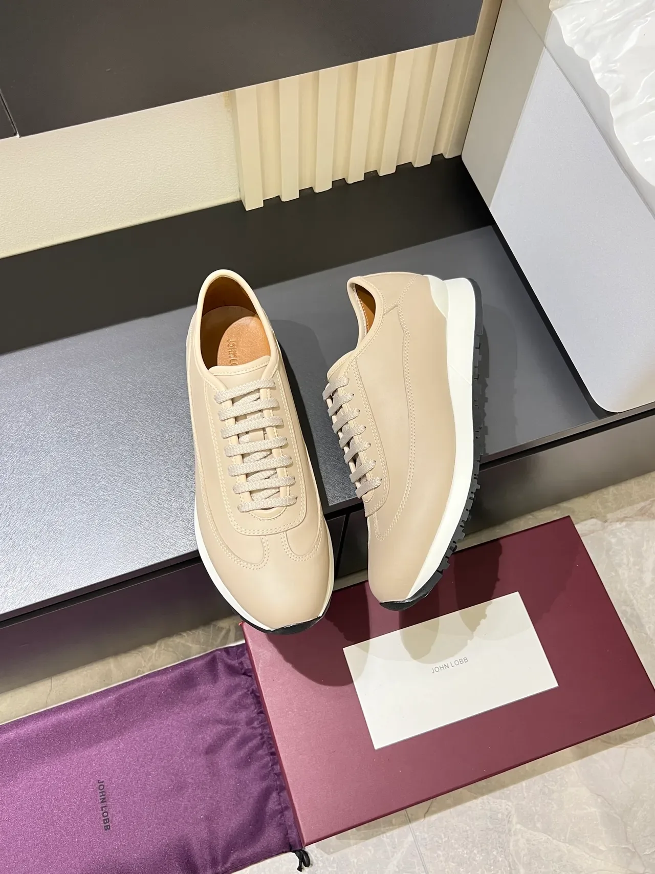 Beige Black Minimalist Leather Upper Sneakers 4