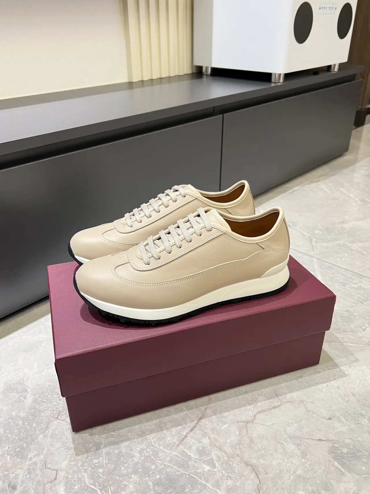 Beige Black Minimalist Leather Upper Sneakers 5