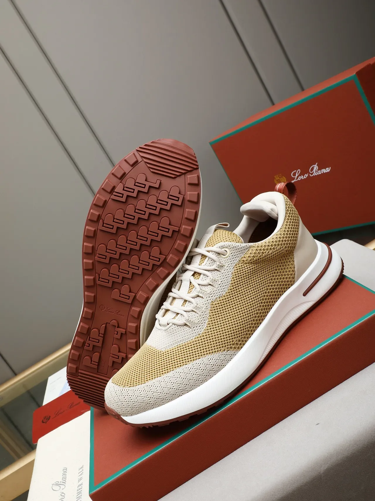 Beige Brown Knit-Mesh Hybrid Upper Chunky White Midsole Sneakers 4