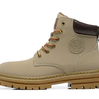 Beige Brown Leather-Like Upper Contrast Heel Panel Work Boots