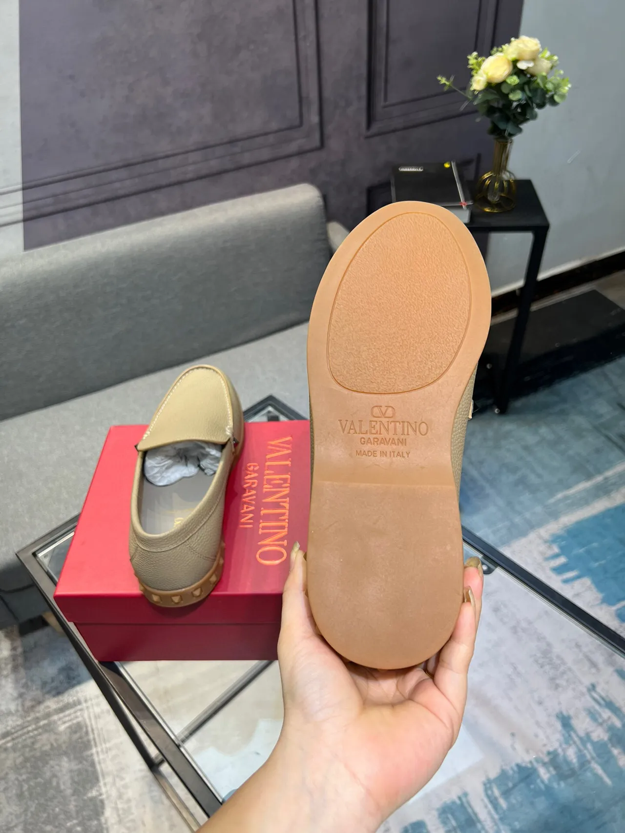 Beige Brown Pebbled Leather Metal Hardware Accent Loafer 7