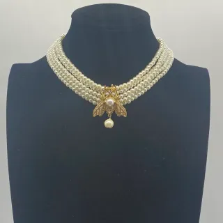Beige Gold Multi-Strand Pearl Bee Pendant Necklace