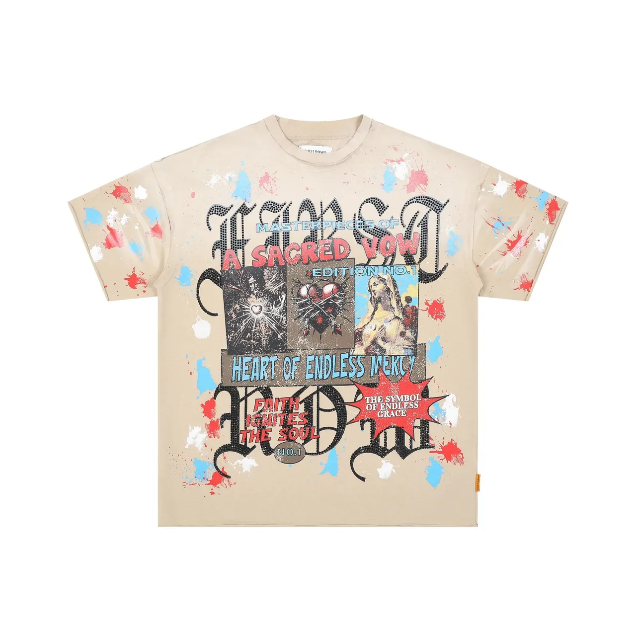 Beige Multicolor Graphic-Print Paint-Splatter Effect Top 1