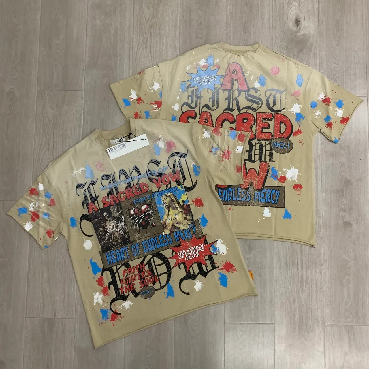 Beige Multicolor Graphic-Print Paint-Splatter Effect Top 4