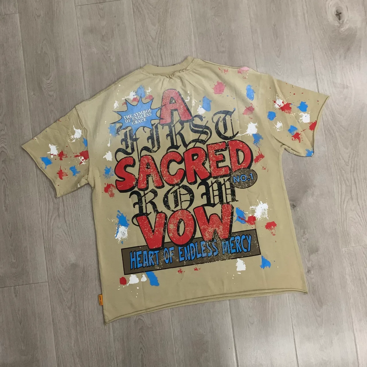 Beige Multicolor Graphic-Print Paint-Splatter Effect Top 6