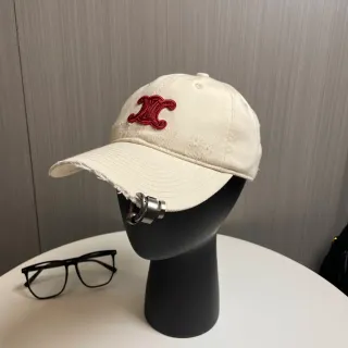 Beige Red Distressed Raw-Edge Brim Embroidered Monogram Baseball Cap