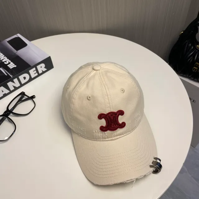 Beige Red Distressed Raw-Edge Brim Embroidered Monogram Baseball Cap 6