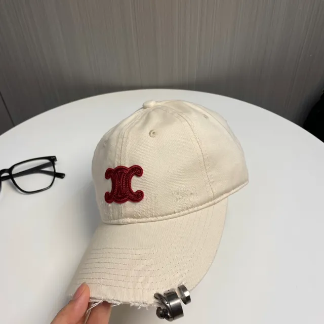 Beige Red Distressed Raw-Edge Brim Embroidered Monogram Baseball Cap 9