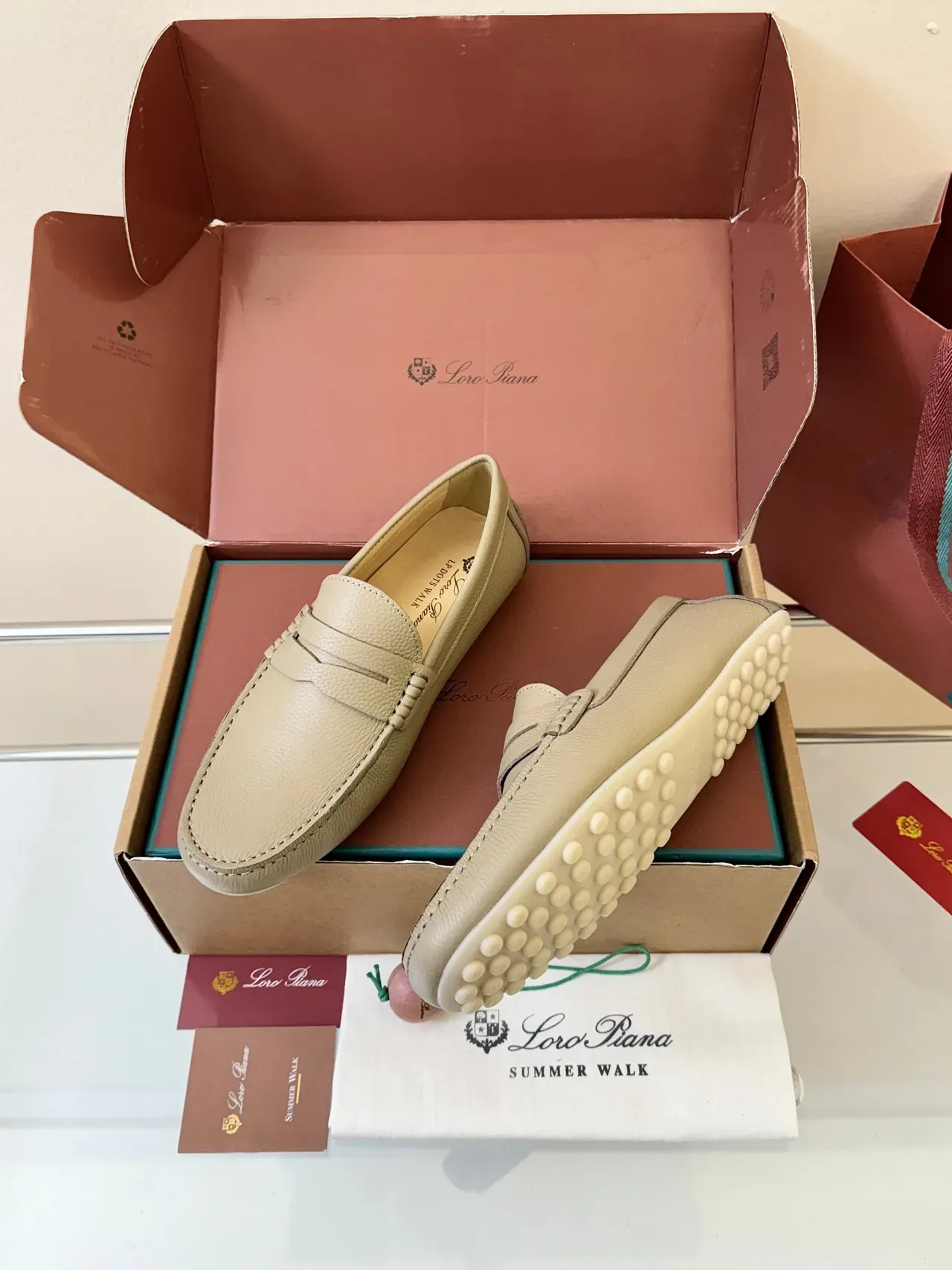 Beige White Pebbled Leather Penny Strap Loafer 2
