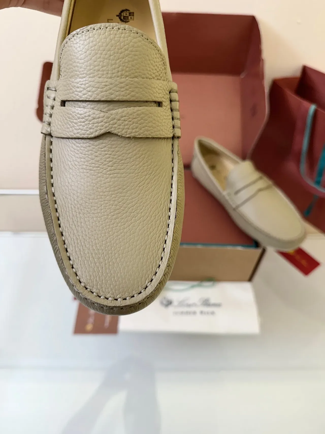 Beige White Pebbled Leather Penny Strap Loafer 3